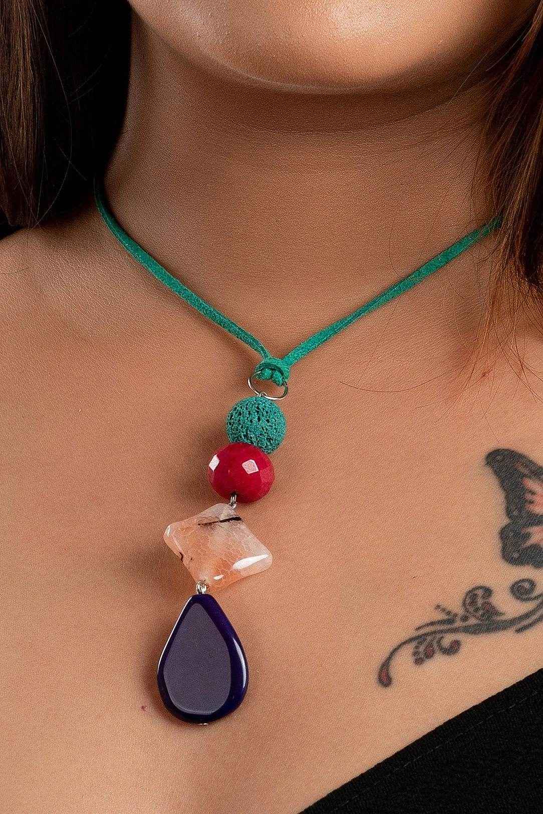 Agate Onyx & Lava Bead Handcrafted Jewelry Pendant With Adjustable Suede Cord Neckpiece - Lookandadorn.com