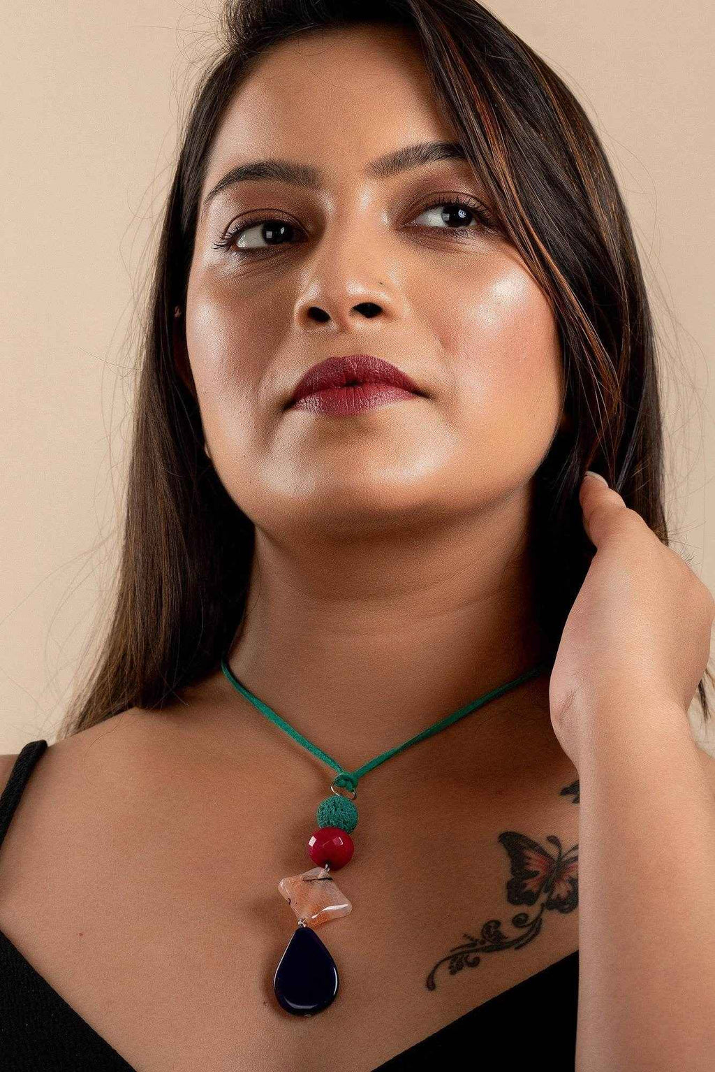 Agate Onyx & Lava Bead Handcrafted Jewelry Pendant With Adjustable Suede Cord Neckpiece - Lookandadorn.com