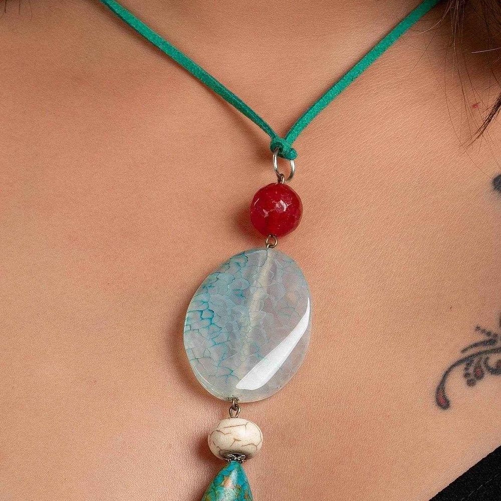 Handmade Agate Turquoise Onyx Pendant with Adjustable Suede Cord Necklace- Unique Fabric Jewelry for Women - Lookandadorn.com