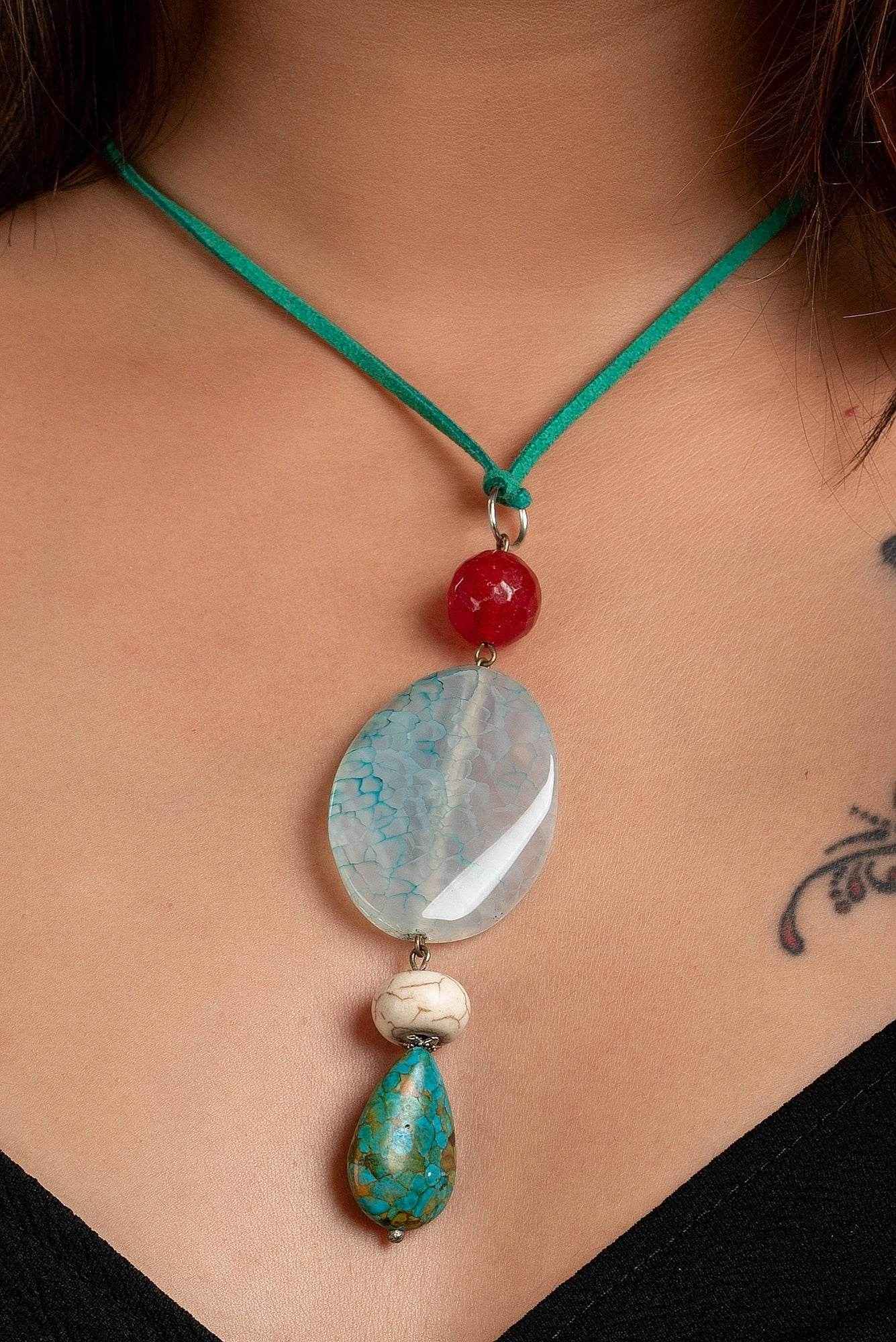 Handmade Agate Turquoise Onyx Pendant with Adjustable Suede Cord Necklace- Unique Fabric Jewelry for Women - Lookandadorn.com