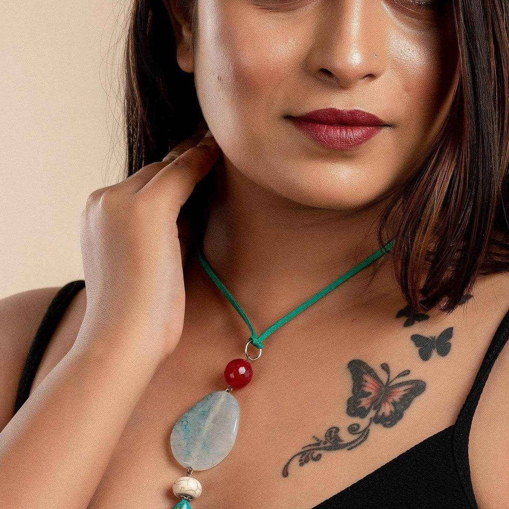 Handmade Agate Turquoise Onyx Pendant with Adjustable Suede Cord Necklace- Unique Fabric Jewelry for Women - Lookandadorn.com