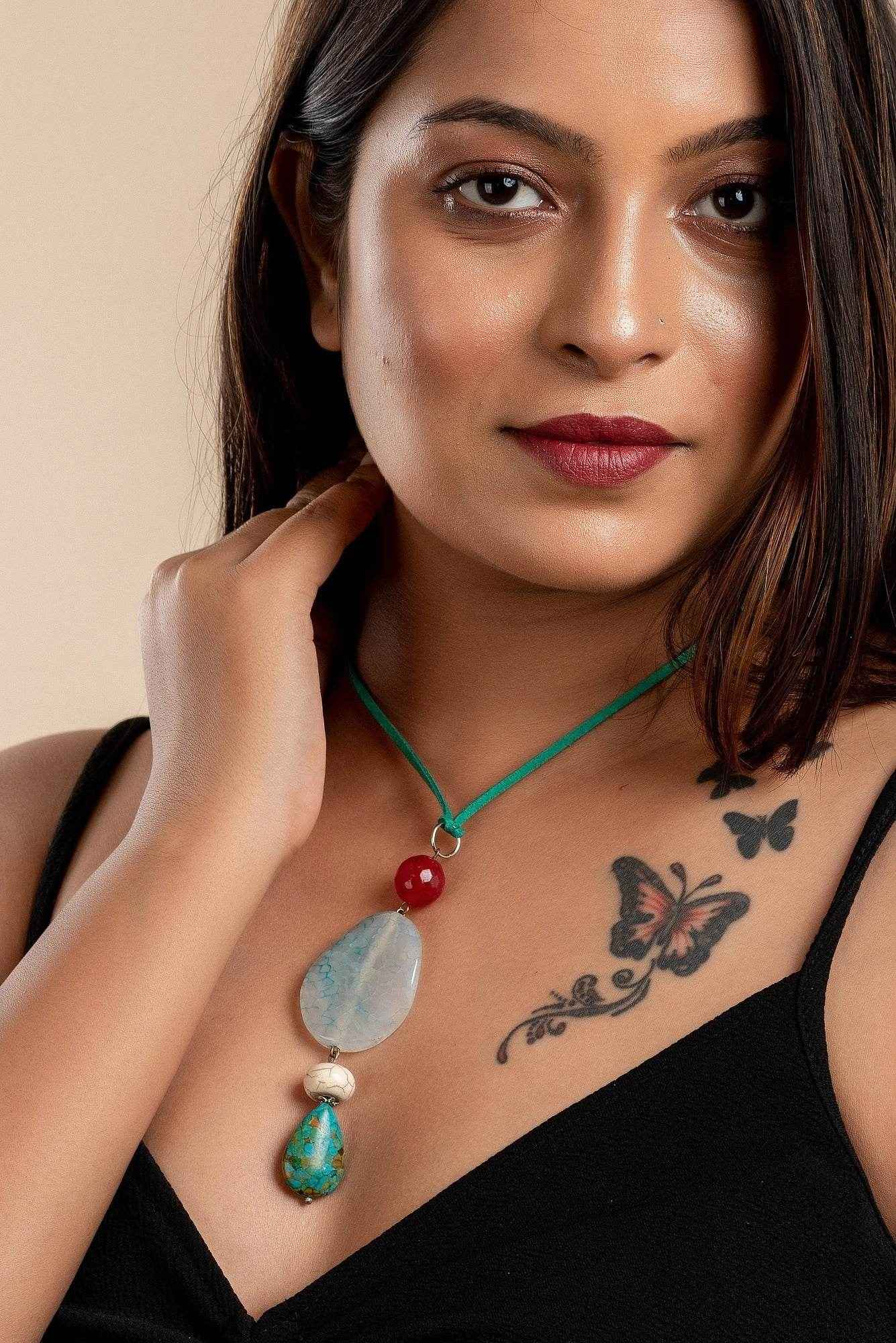 Handmade Agate Turquoise Onyx Pendant with Adjustable Suede Cord Necklace- Unique Fabric Jewelry for Women - Lookandadorn.com