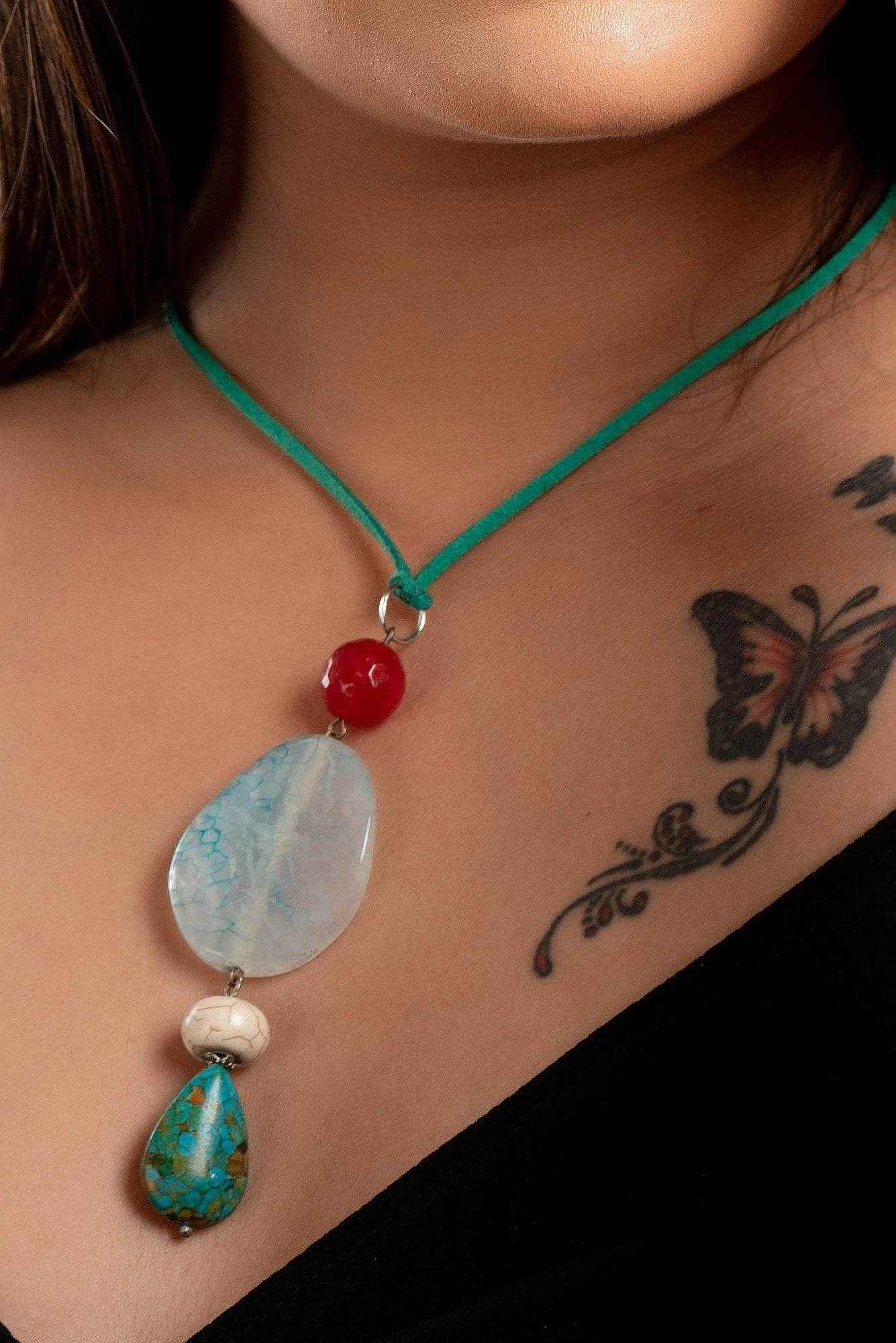Handmade Agate Turquoise Onyx Pendant with Adjustable Suede Cord Necklace- Unique Fabric Jewelry for Women - Lookandadorn.com