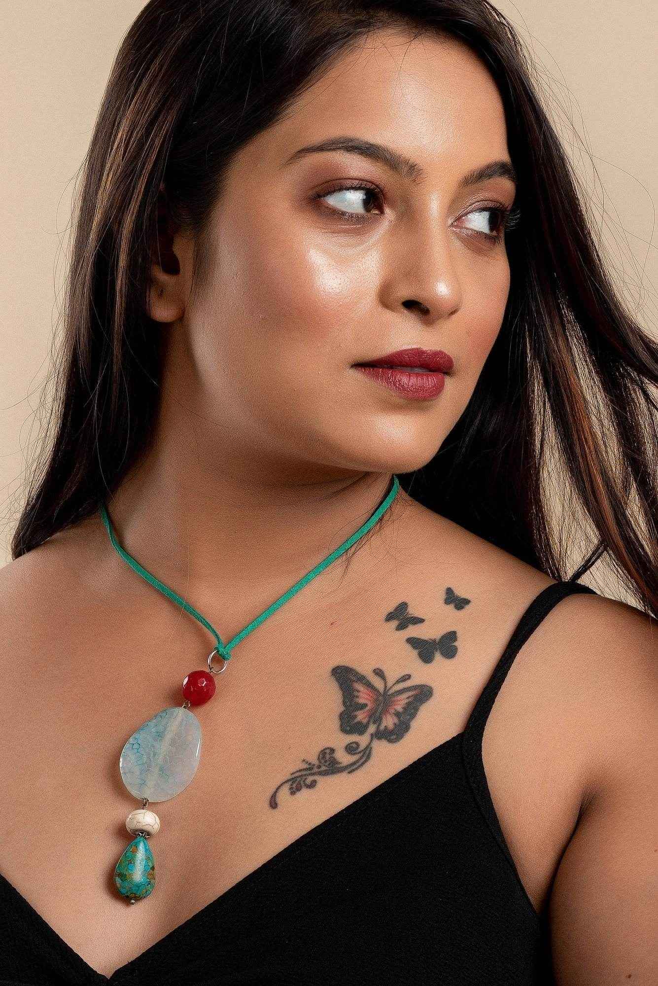 Handmade Agate Turquoise Onyx Pendant with Adjustable Suede Cord Necklace- Unique Fabric Jewelry for Women - Lookandadorn.com