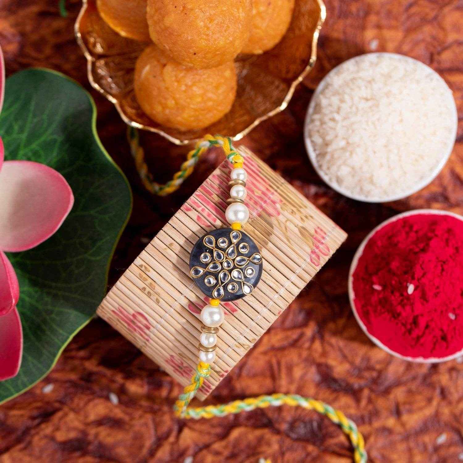 Designer Handmade Rakhi With Semi Precious Stones, Kundan, Pearls, Roli & Chawal Pack - Lookandadorn.com