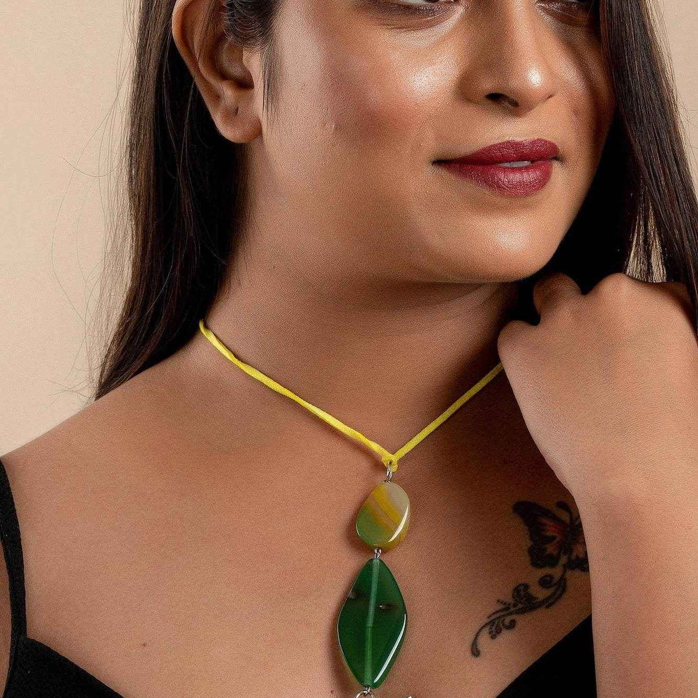 Handcrafted Green Yellow Agate Onyx Pendant with German Silver Maple Leaf on Adjustable Suede Cord - Lookandadorn.com