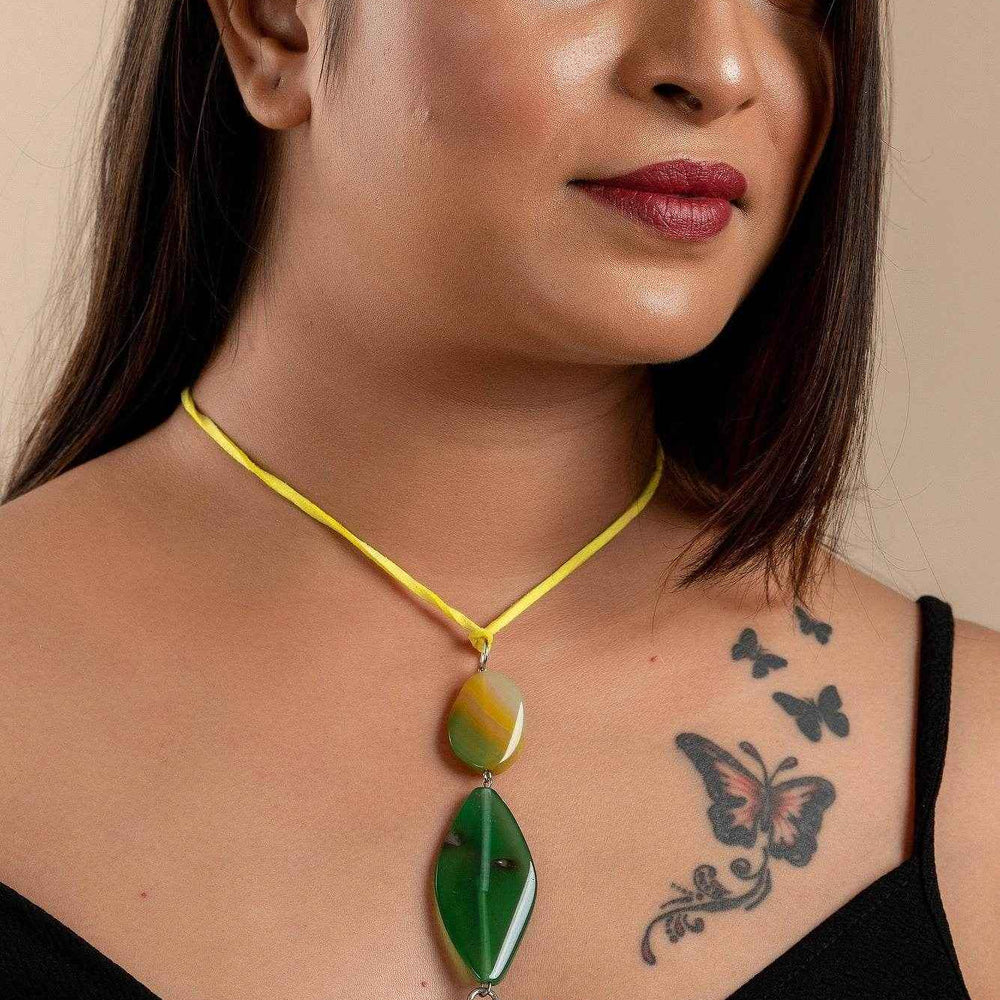 Handcrafted Green Yellow Agate Onyx Pendant with German Silver Maple Leaf on Adjustable Suede Cord - Lookandadorn.com