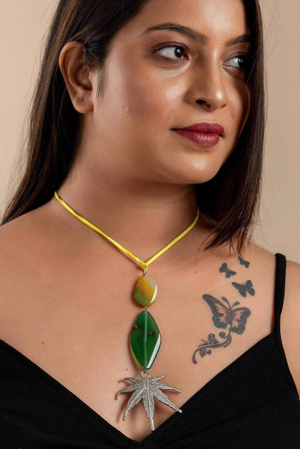 Handcrafted Green Yellow Agate Onyx Pendant with German Silver Maple Leaf on Adjustable Suede Cord - Lookandadorn.com