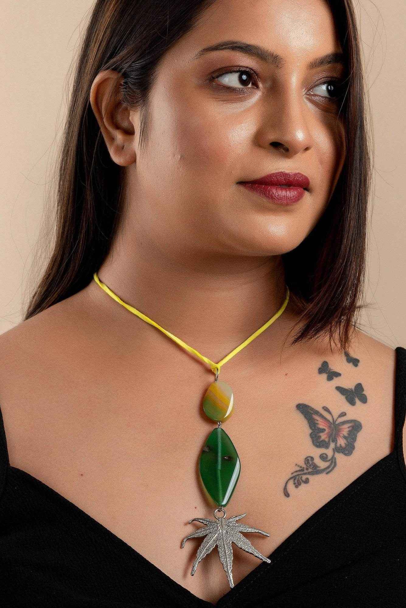 Handcrafted Green Yellow Agate Onyx Pendant with German Silver Maple Leaf on Adjustable Suede Cord - Lookandadorn.com
