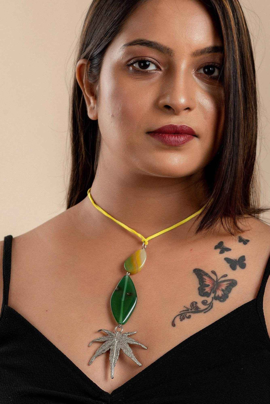 Handcrafted Green Yellow Agate Onyx Pendant with German Silver Maple Leaf on Adjustable Suede Cord - Lookandadorn.com