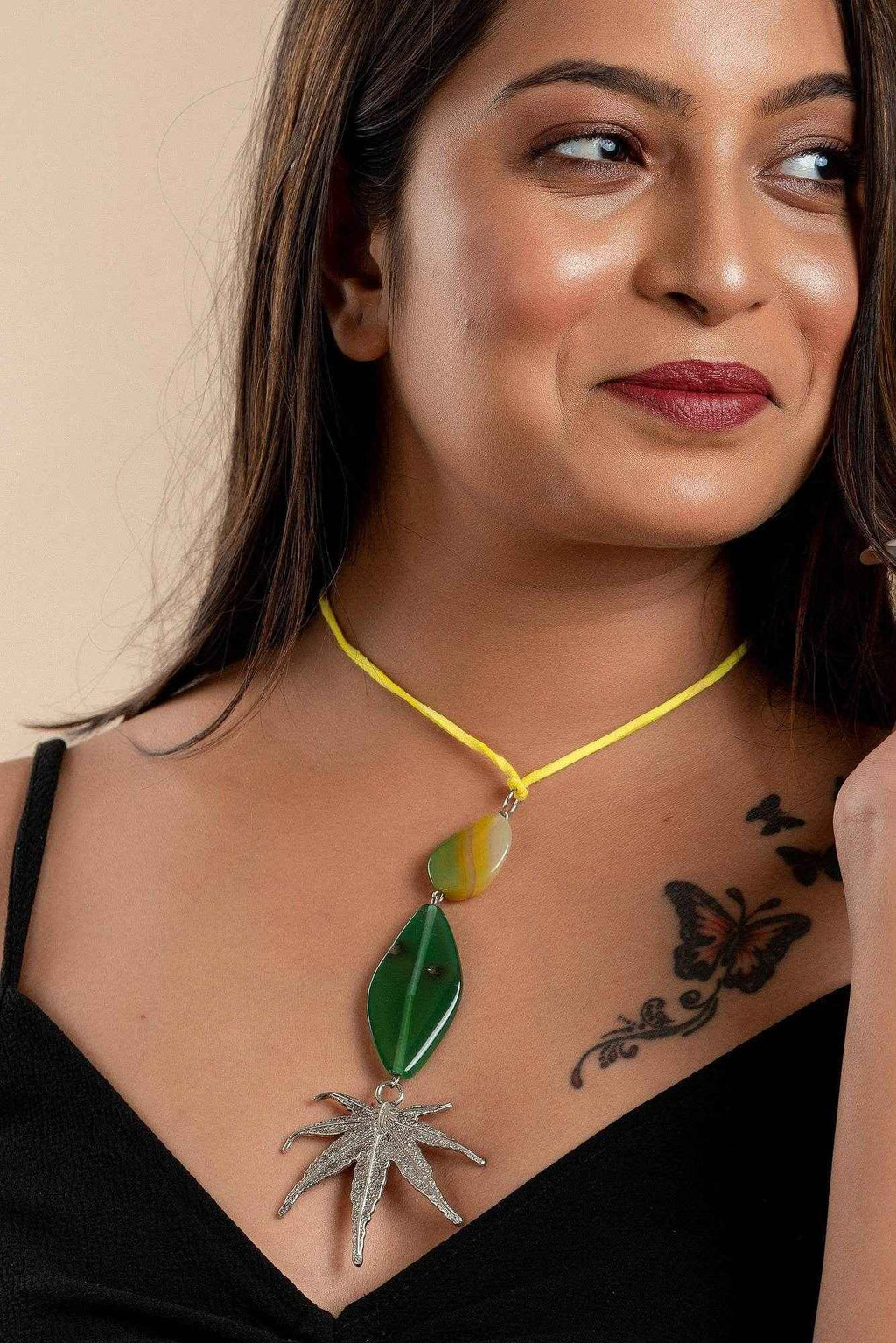 Handcrafted Green Yellow Agate Onyx Pendant with German Silver Maple Leaf on Adjustable Suede Cord - Lookandadorn.com