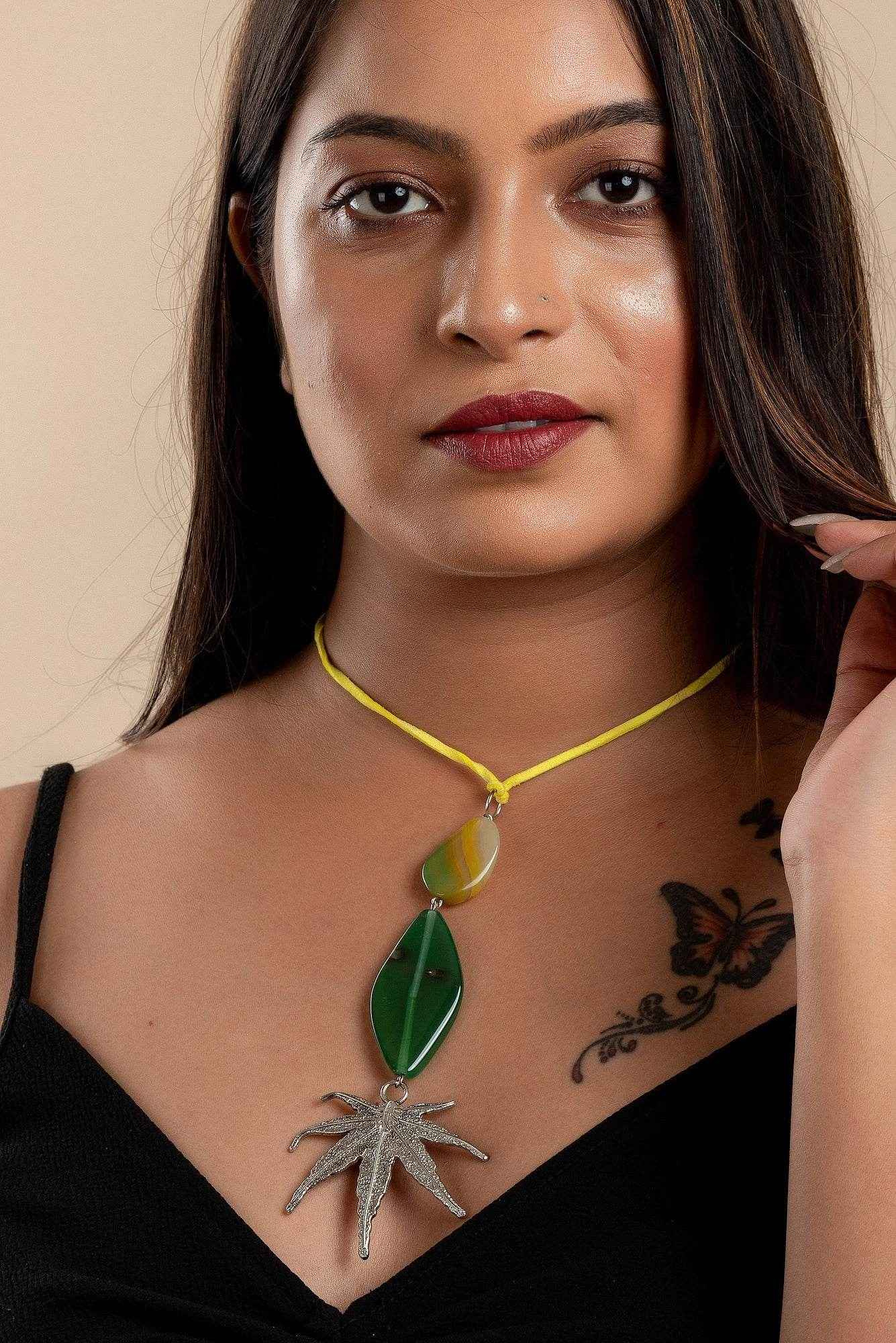Handcrafted Green Yellow Agate Onyx Pendant with German Silver Maple Leaf on Adjustable Suede Cord - Lookandadorn.com