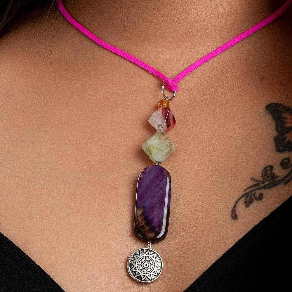 Handmade Semi-Precious Jewelry Agate Onyx Neckpiece with Adjustable Pink Suede Cord - Lookandadorn.com