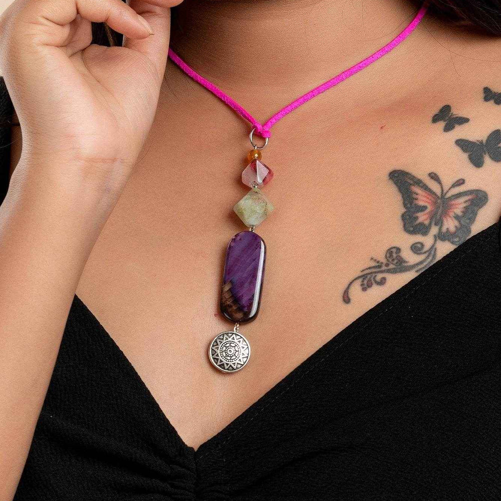 Handmade Semi-Precious Jewelry Agate Onyx Neckpiece with Adjustable Pink Suede Cord - Lookandadorn.com