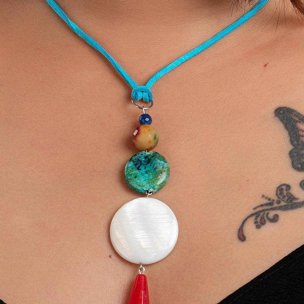 Handmade Jewelry With Mother Of Pearl, Designer Neckpiece Featuring Semi Precious Stones & Blue Suede Cord - Lookandadorn.com