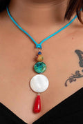 Handmade Jewelry With Mother Of Pearl, Designer Neckpiece Featuring Semi Precious Stones & Blue Suede Cord - Lookandadorn.com