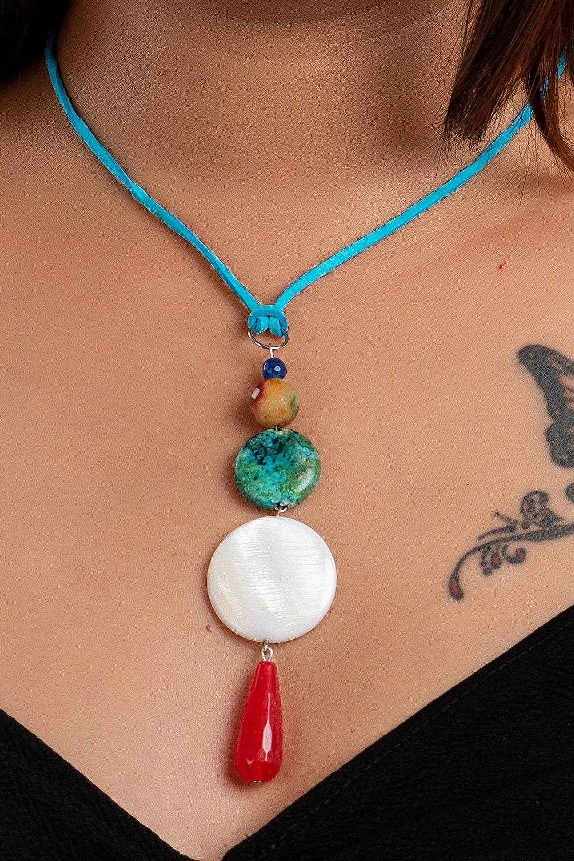 Handmade Jewelry With Mother Of Pearl, Designer Neckpiece Featuring Semi Precious Stones & Blue Suede Cord - Lookandadorn.com
