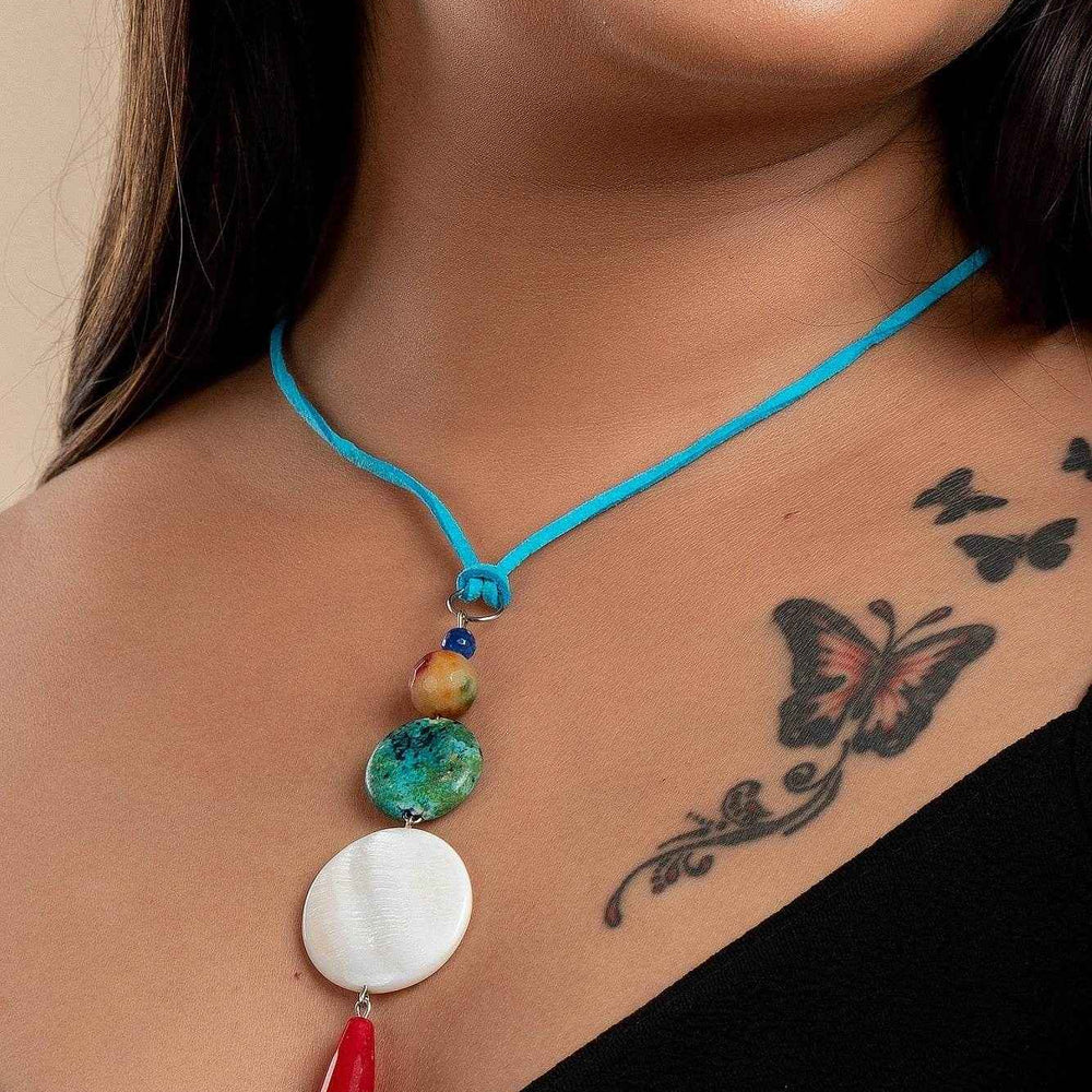 Handmade Jewelry With Mother Of Pearl, Designer Neckpiece Featuring Semi Precious Stones & Blue Suede Cord - Lookandadorn.com