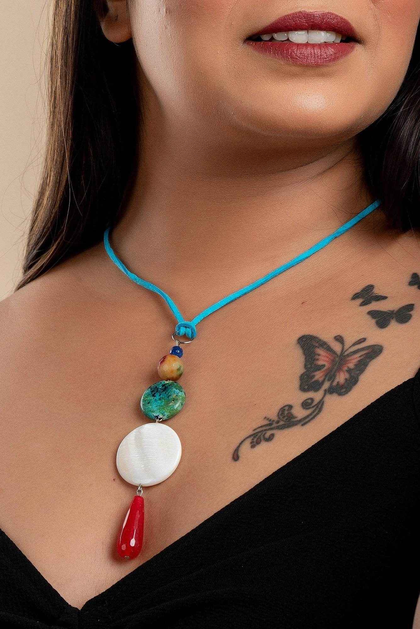 Handmade Jewelry With Mother Of Pearl, Designer Neckpiece Featuring Semi Precious Stones & Blue Suede Cord - Lookandadorn.com