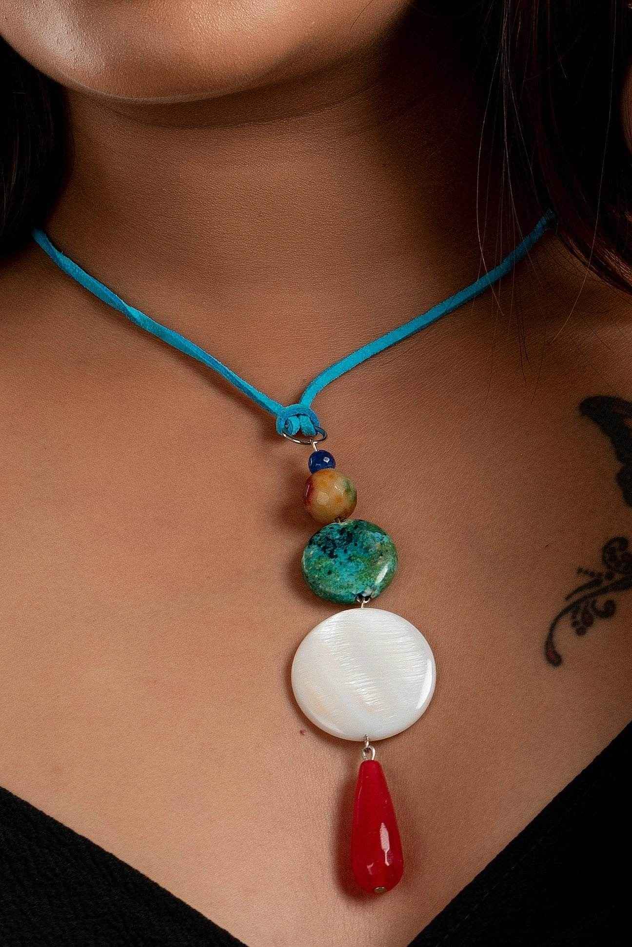 Handmade Jewelry With Mother Of Pearl, Designer Neckpiece Featuring Semi Precious Stones & Blue Suede Cord - Lookandadorn.com