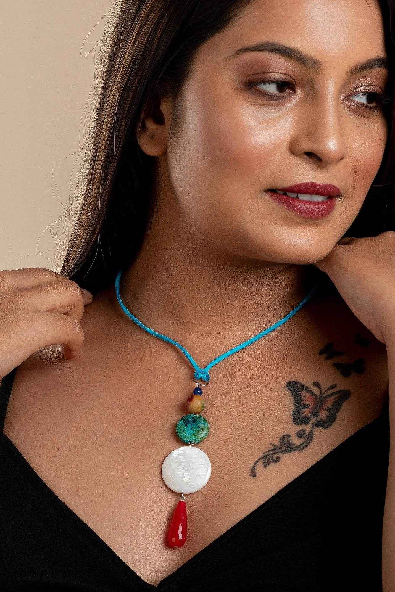 Handmade Jewelry With Mother Of Pearl, Designer Neckpiece Featuring Semi Precious Stones & Blue Suede Cord - Lookandadorn.com