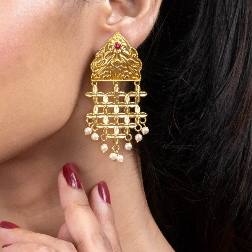 Brass Floral Leaf Jhumka Earrings with Pearl Accent - Elegant Lightweight Statement Jewelry - Lookandadorn.com