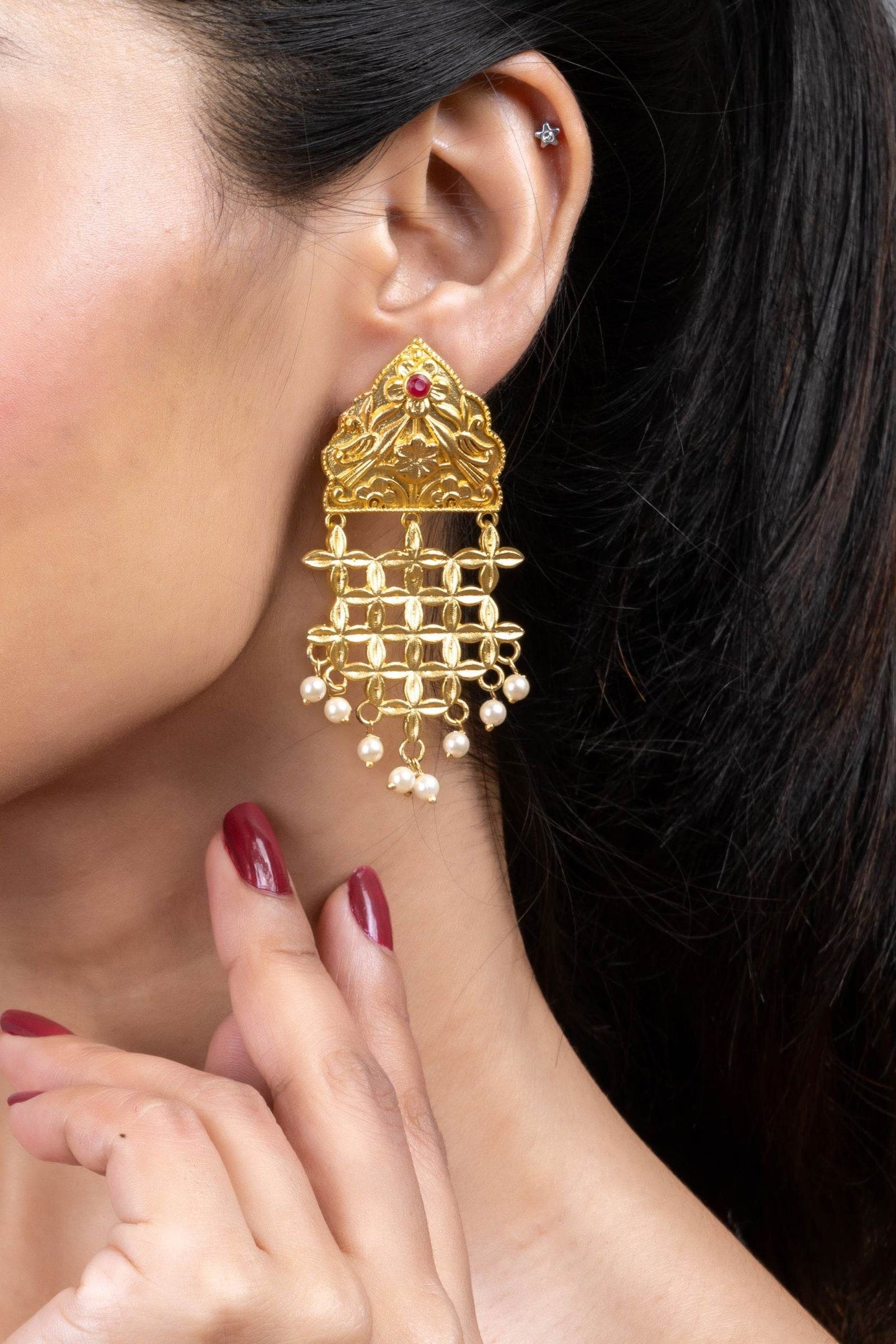 Brass Floral Leaf Jhumka Earrings with Pearl Accent - Elegant Lightweight Statement Jewelry - Lookandadorn.com