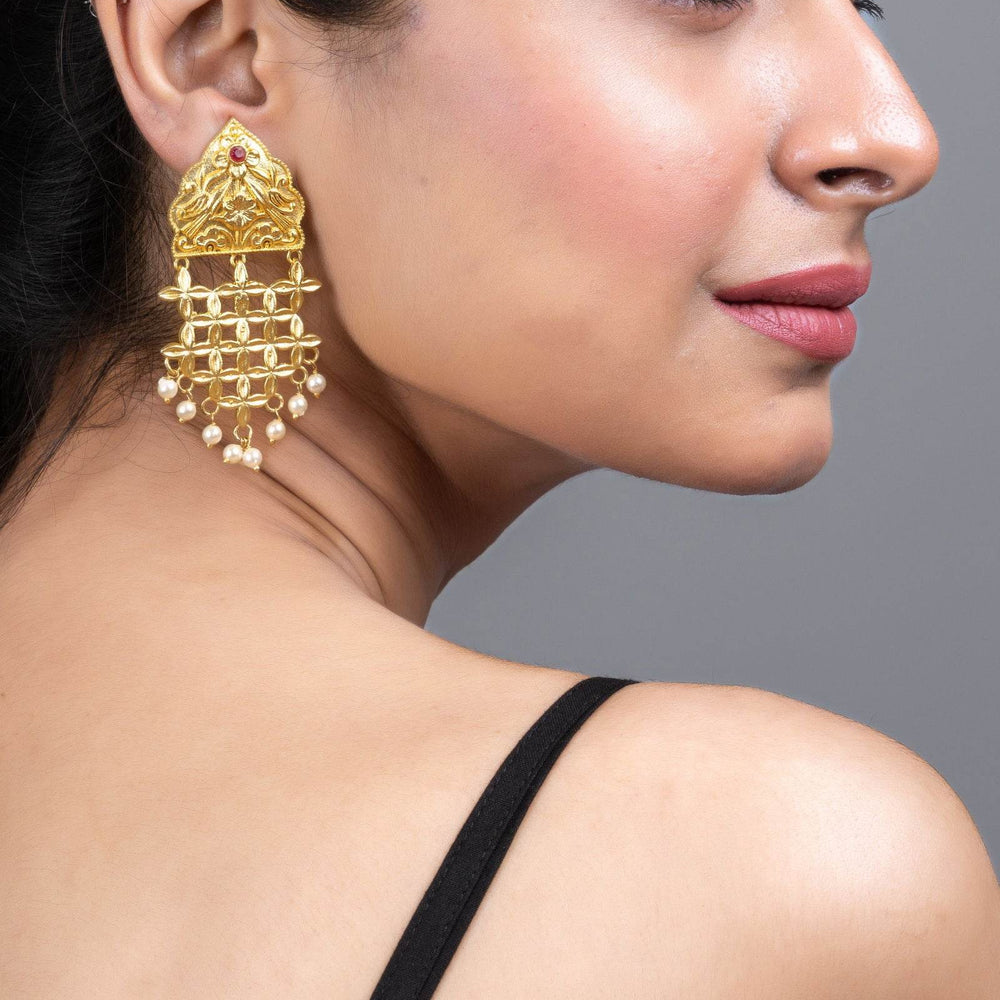 Brass Floral Leaf Jhumka Earrings with Pearl Accent - Elegant Lightweight Statement Jewelry - Lookandadorn.com