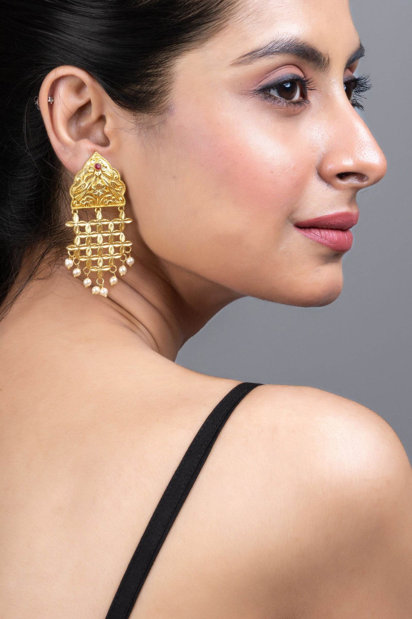Brass Floral Leaf Jhumka Earrings with Pearl Accent - Elegant Lightweight Statement Jewelry - Lookandadorn.com