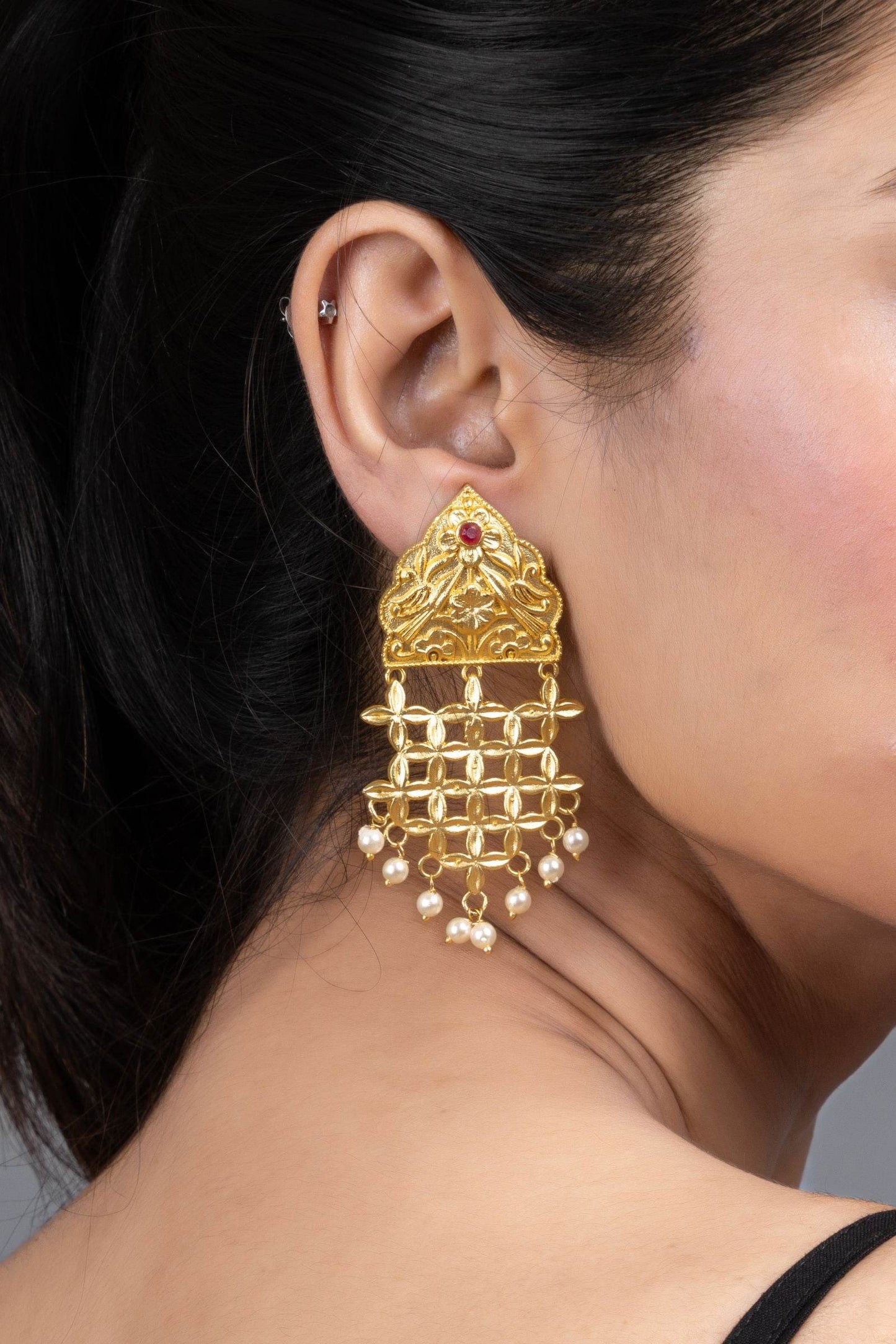 Brass Floral Leaf Jhumka Earrings with Pearl Accent - Elegant Lightweight Statement Jewelry - Lookandadorn.com