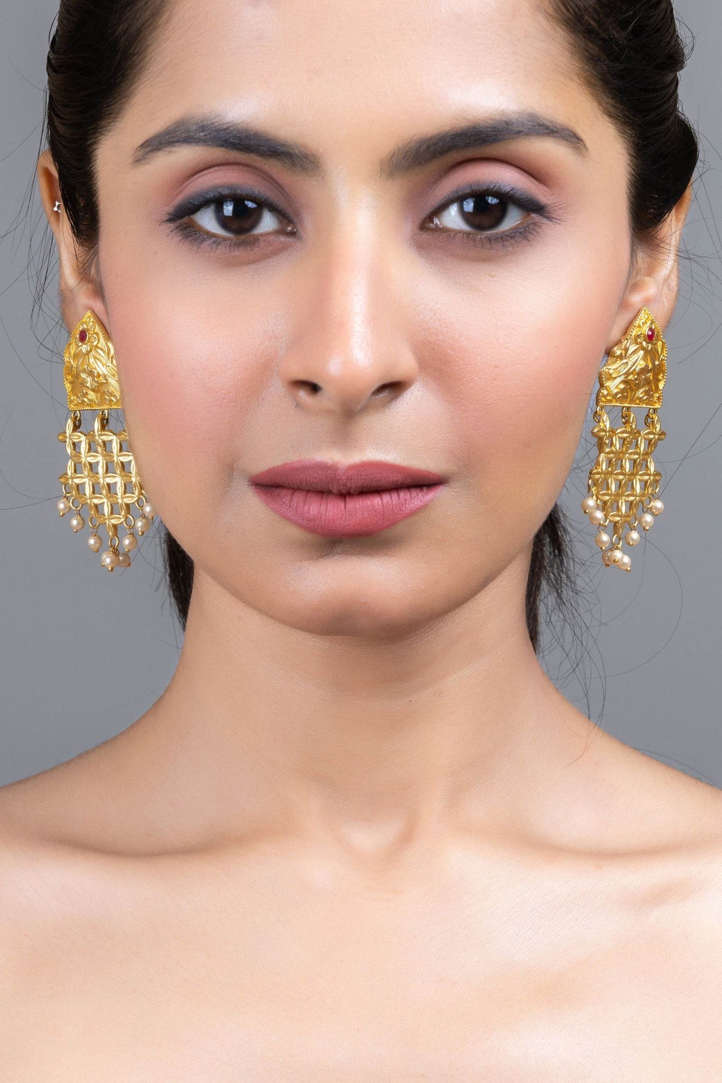 Brass Floral Leaf Jhumka Earrings with Pearl Accent - Elegant Lightweight Statement Jewelry - Lookandadorn.com