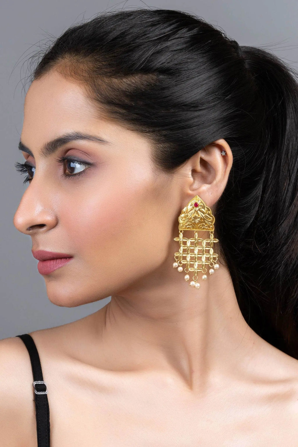 Brass Floral Leaf Jhumka Earrings with Pearl Accent - Elegant Lightweight Statement Jewelry - Lookandadorn.com