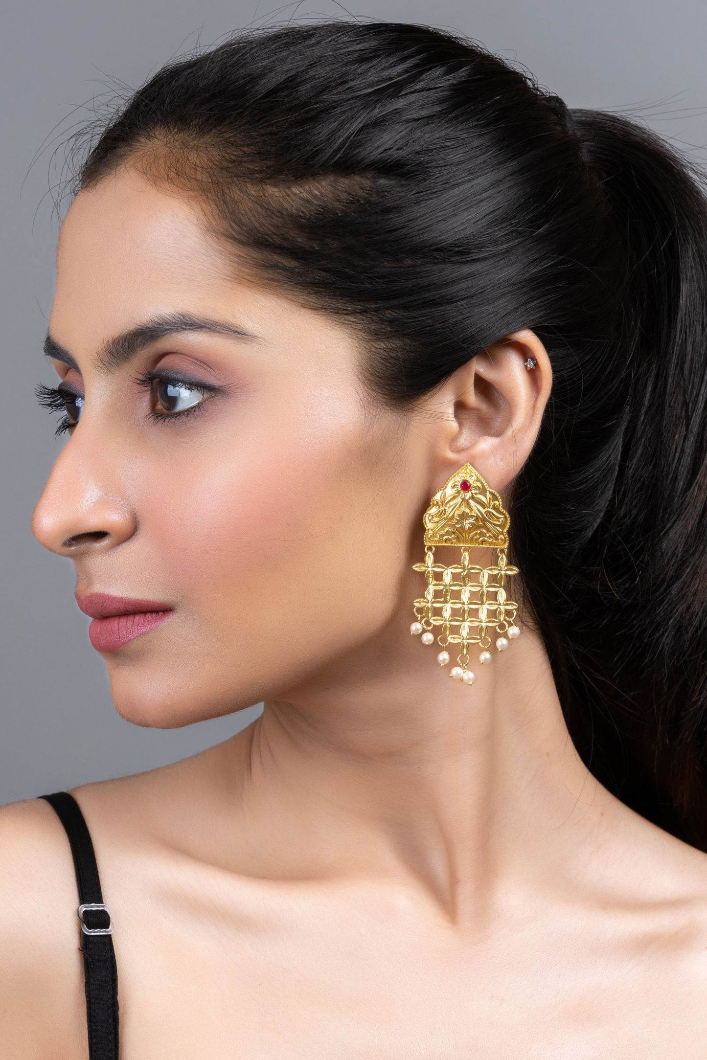 Brass Floral Leaf Jhumka Earrings with Pearl Accent - Elegant Lightweight Statement Jewelry - Lookandadorn.com