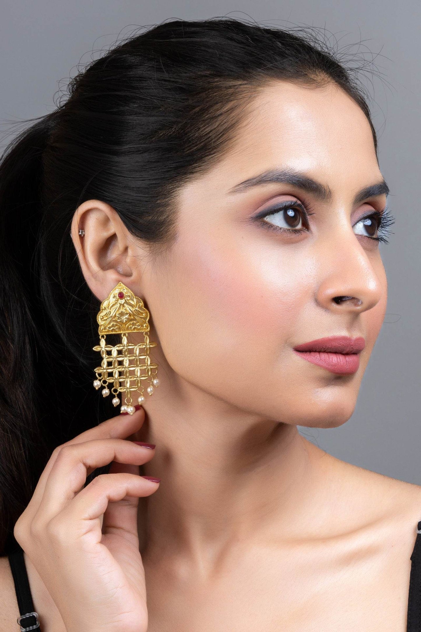 Brass Floral Leaf Jhumka Earrings with Pearl Accent - Elegant Lightweight Statement Jewelry - Lookandadorn.com