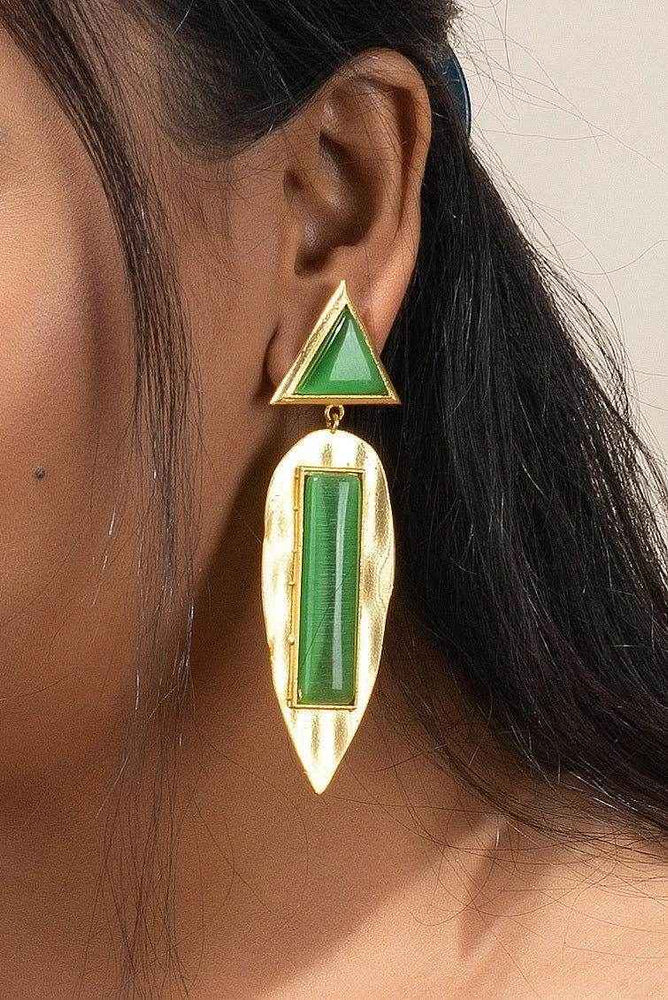 Designer Triangular Green Leaf Dangle Golden Brass Studs Earrings, Non-Allergic, Unique Jewelry - Lookandadorn.com