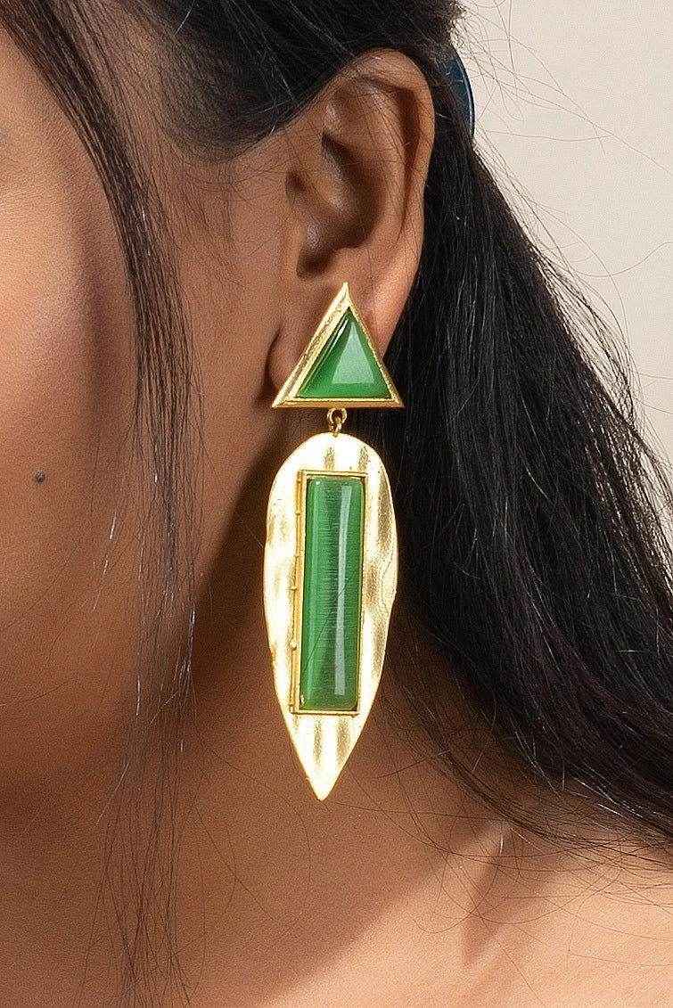 Designer Triangular Green Leaf Dangle Golden Brass Studs Earrings, Non-Allergic, Unique Jewelry - Lookandadorn.com