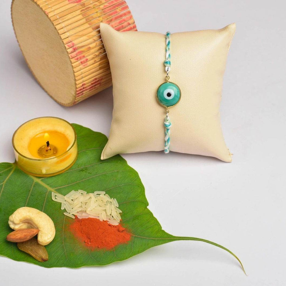 Designer White Mint Green Onyx Evil Eye Rakhi Set with Roli and Chawal for Raksha Bandhan - Lookandadorn.com