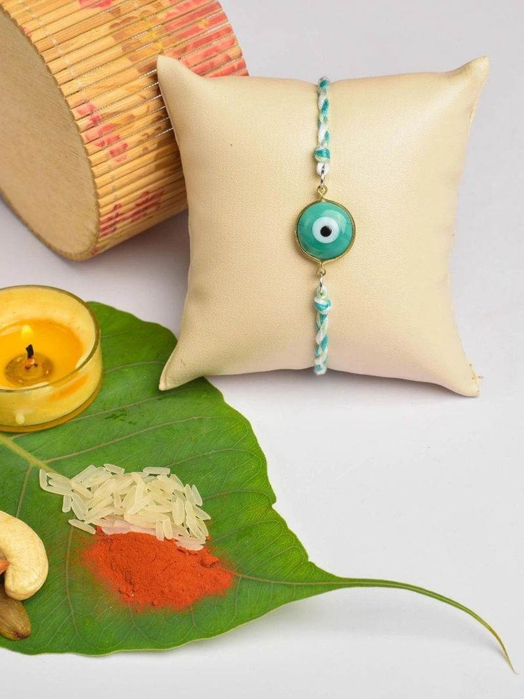 Designer White Mint Green Onyx Evil Eye Rakhi Set with Roli and Chawal for Raksha Bandhan - Lookandadorn.com