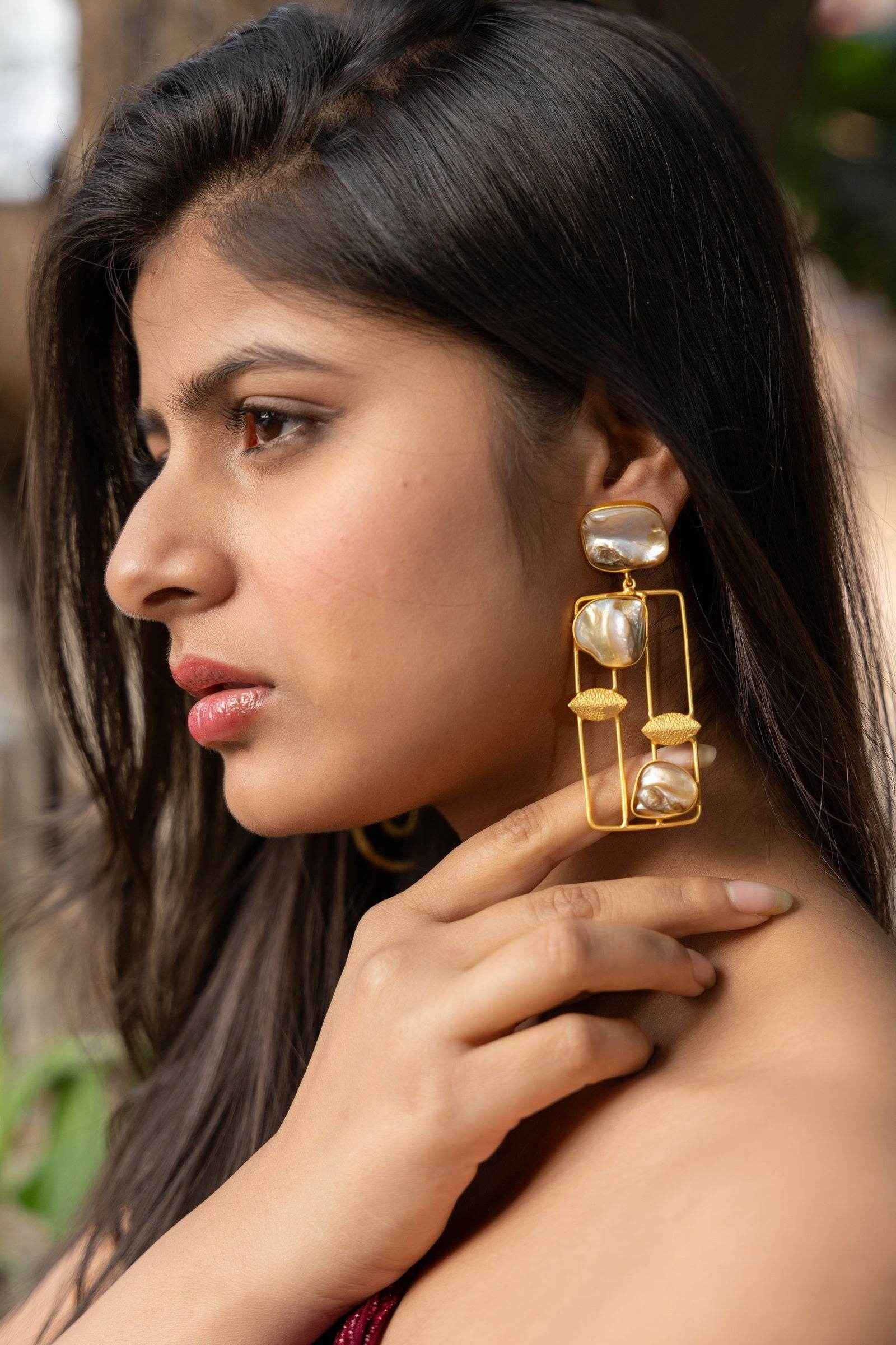 Designer Mother Of Pearl Brass Stud Dangle Earrings - Unique Statement Jewelry For Any Occasion - Lookandadorn.com