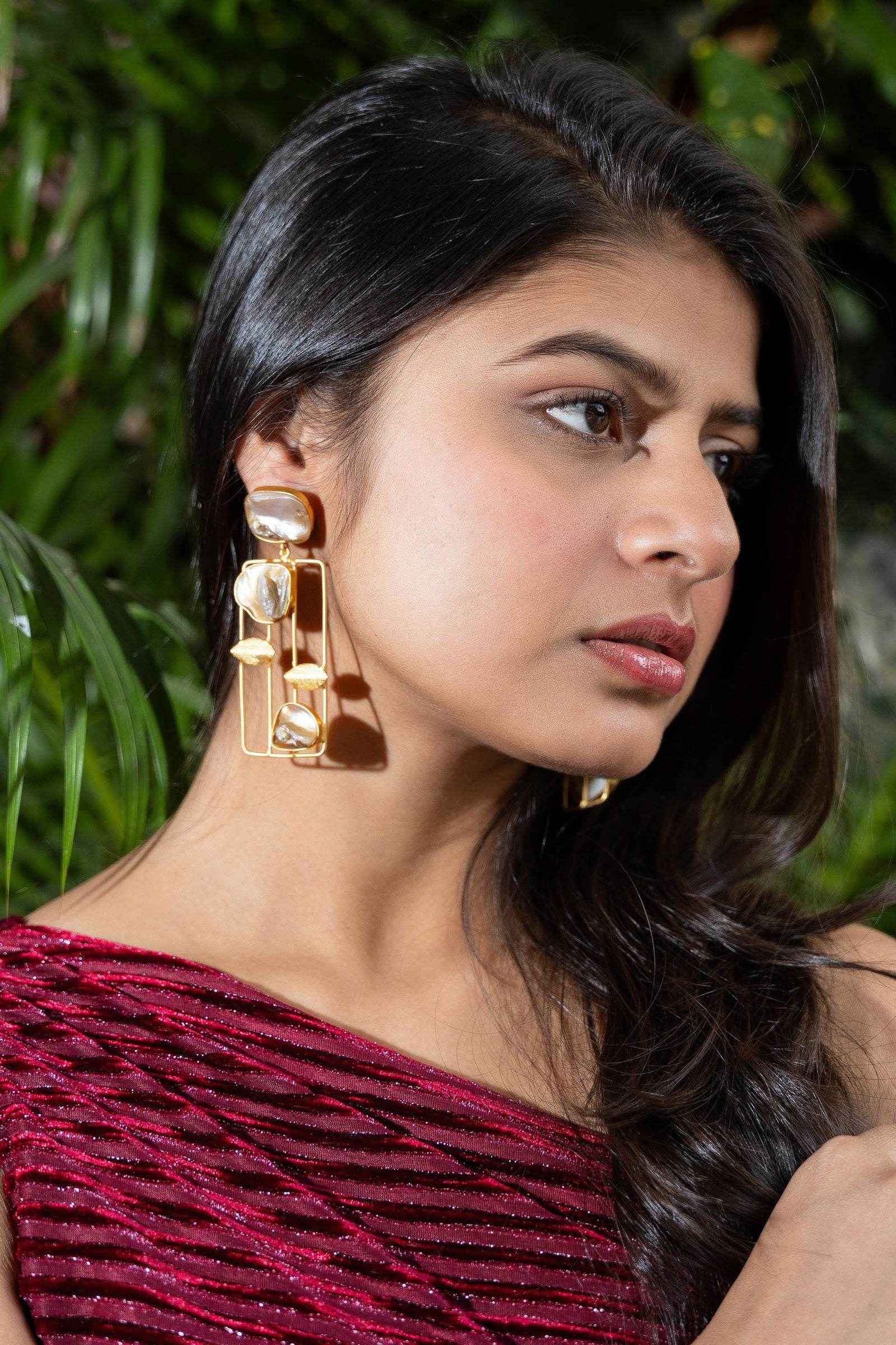Designer Mother Of Pearl Brass Stud Dangle Earrings - Unique Statement Jewelry For Any Occasion - Lookandadorn.com