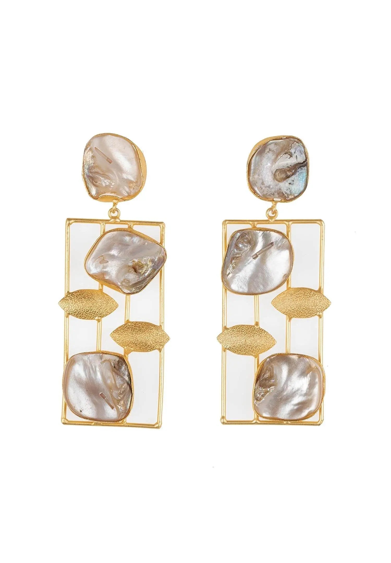 Designer Mother Of Pearl Brass Stud Dangle Earrings - Unique Statement Jewelry For Any Occasion - Lookandadorn.com