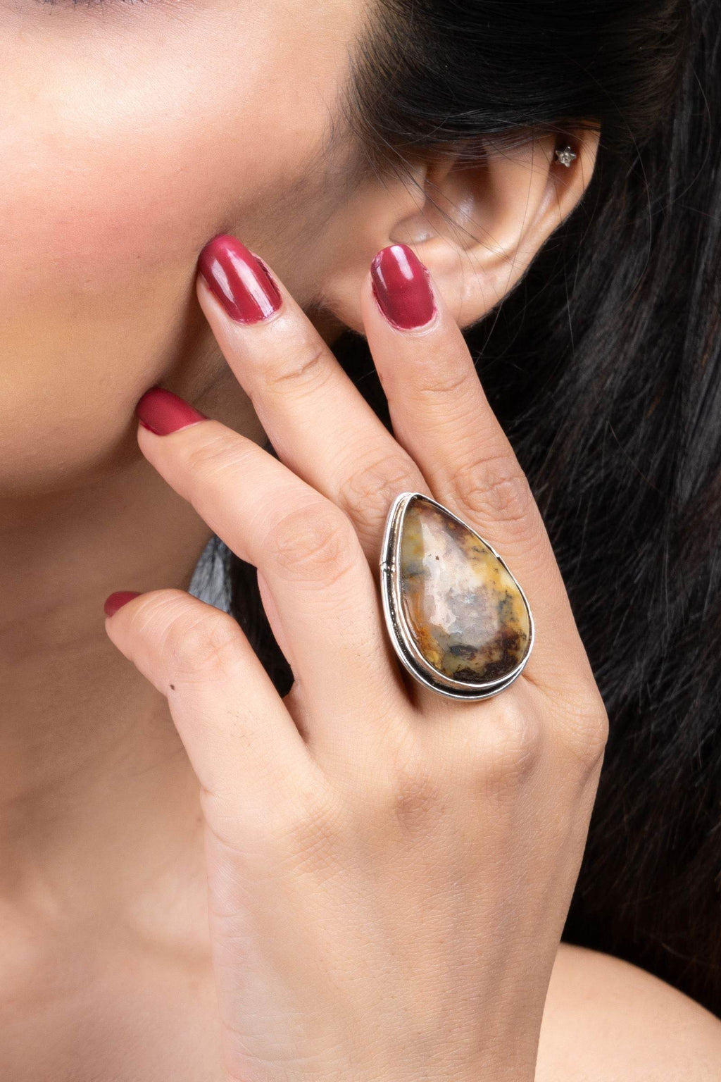 Drop-Shaped Unique Brown Dendritic Natural Agate Stone Adjustable Ring - Lookandadorn.com