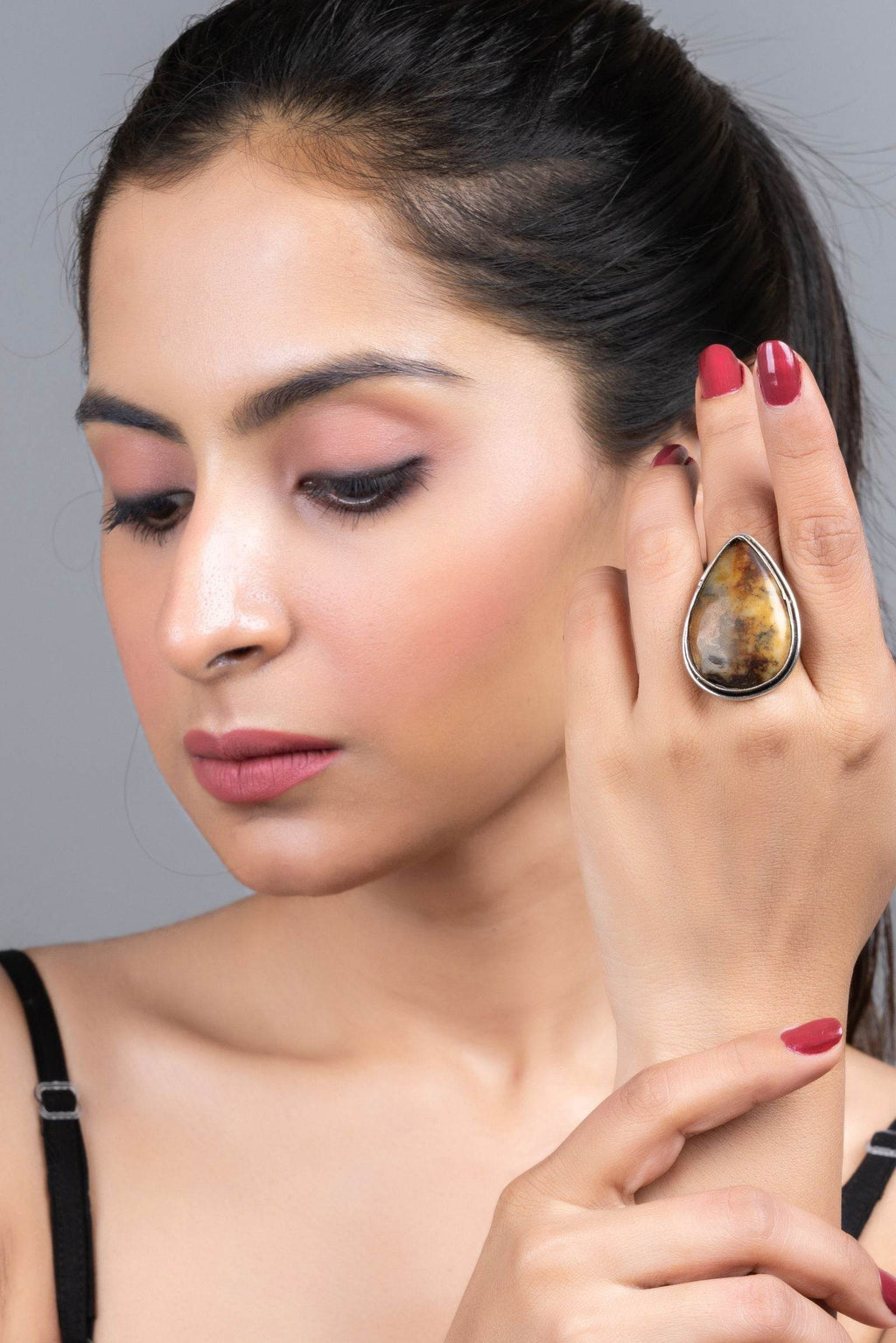 Drop-Shaped Unique Brown Dendritic Natural Agate Stone Adjustable Ring - Lookandadorn.com