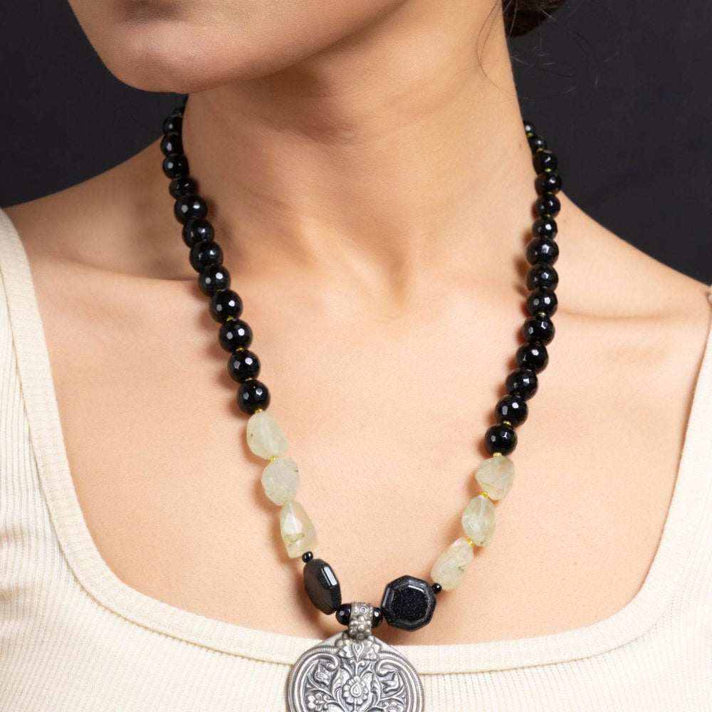 Elegant 925 Pure Silver Pendant Necklace with Green Black Semi-Precious Stone, Handcrafted Design - Lookandadorn.com