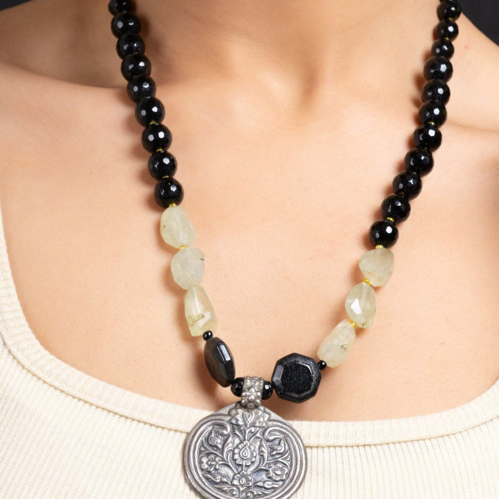 Elegant 925 Pure Silver Pendant Necklace with Green Black Semi-Precious Stone, Handcrafted Design - Lookandadorn.com