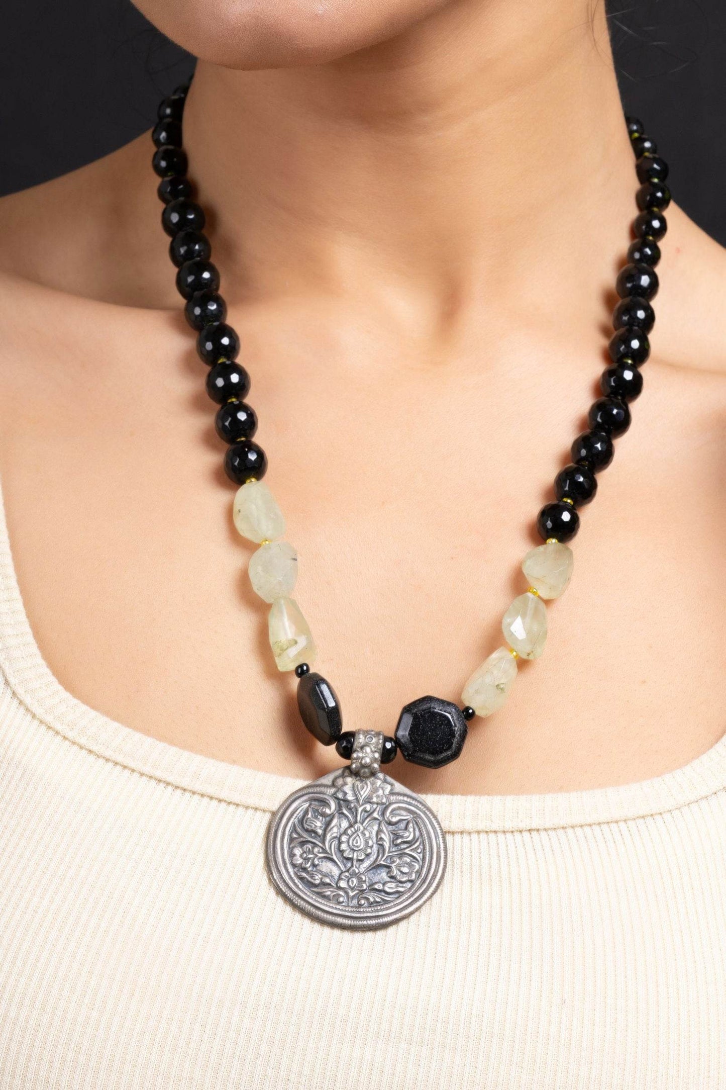 Elegant 925 Pure Silver Pendant Necklace with Green Black Semi-Precious Stone, Handcrafted Design - Lookandadorn.com