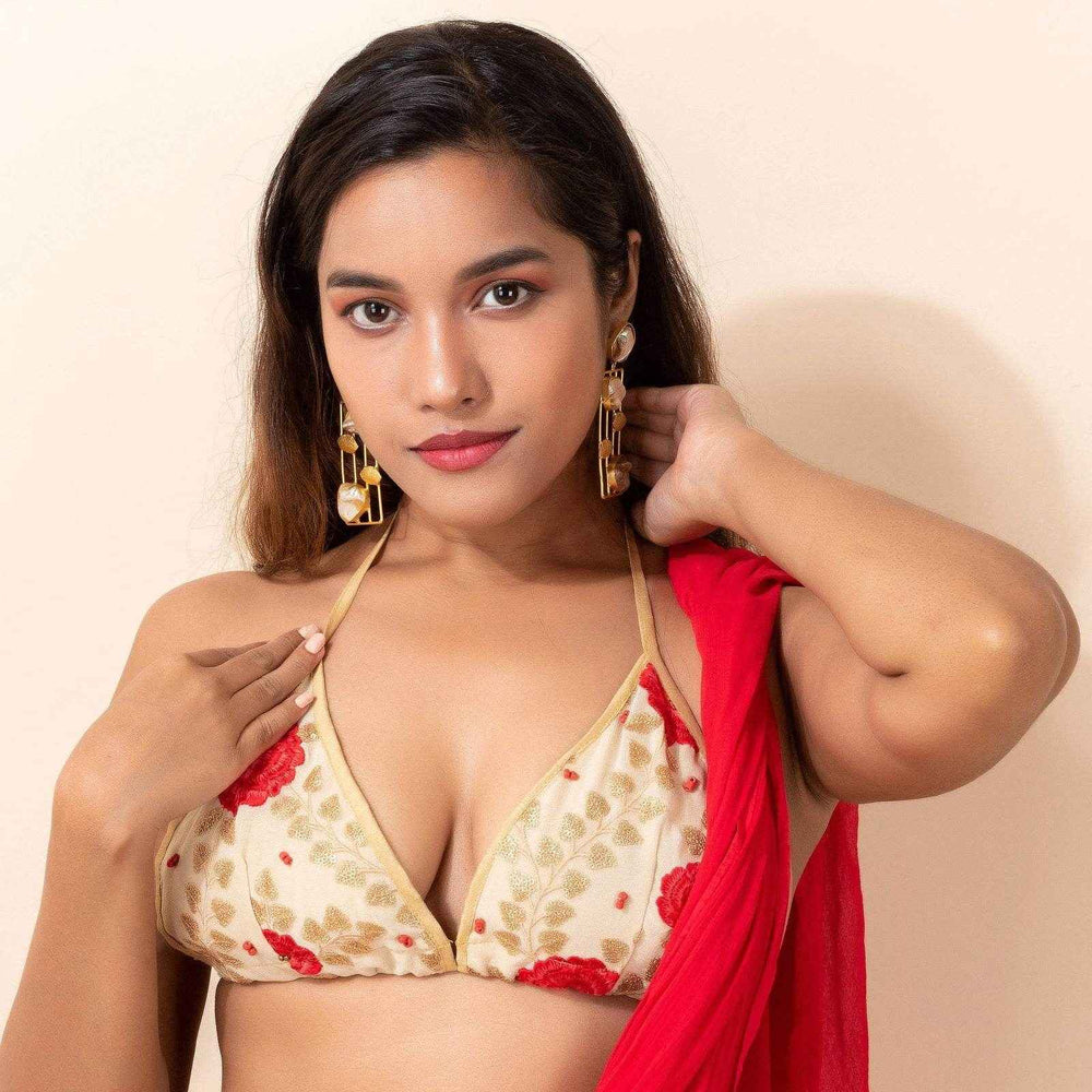 Embroidered Designer Fabric Halter Neck Top Bikini Backless Blouse in Non-Padded Design - Lookandadorn.com
