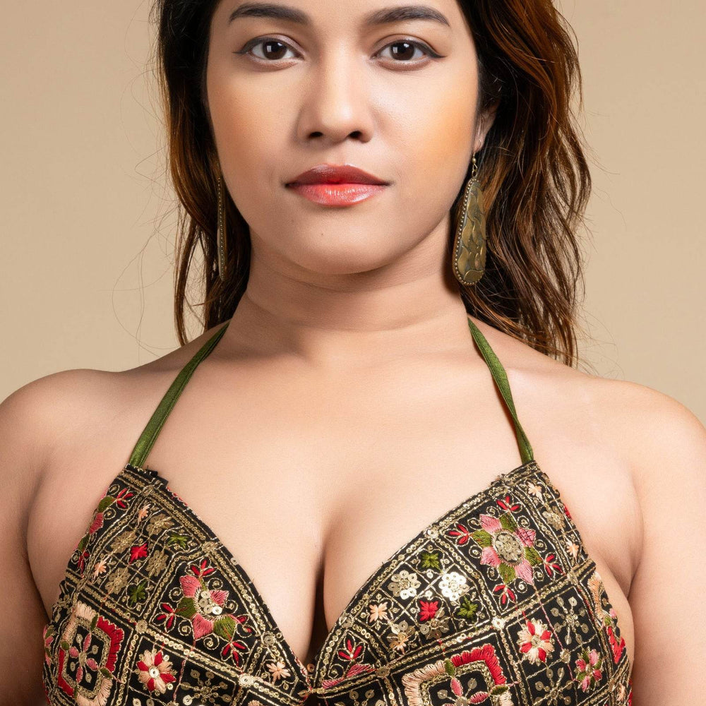 Embroidered Black Backless Halter Neck Non Padded Bikini Blouse For Women - Lookandadorn.com