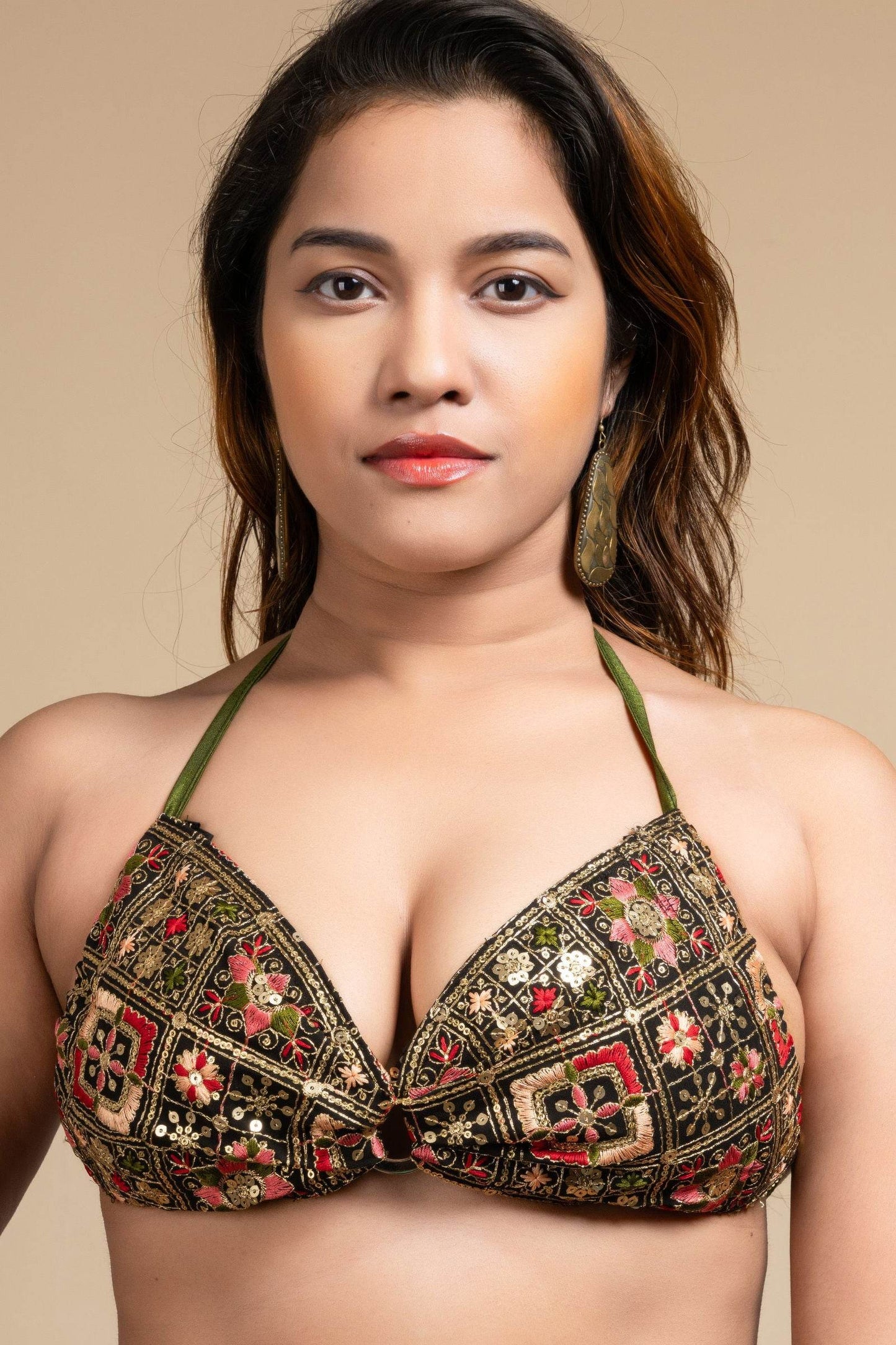 Embroidered Black Backless Halter Neck Non Padded Bikini Blouse For Women - Lookandadorn.com