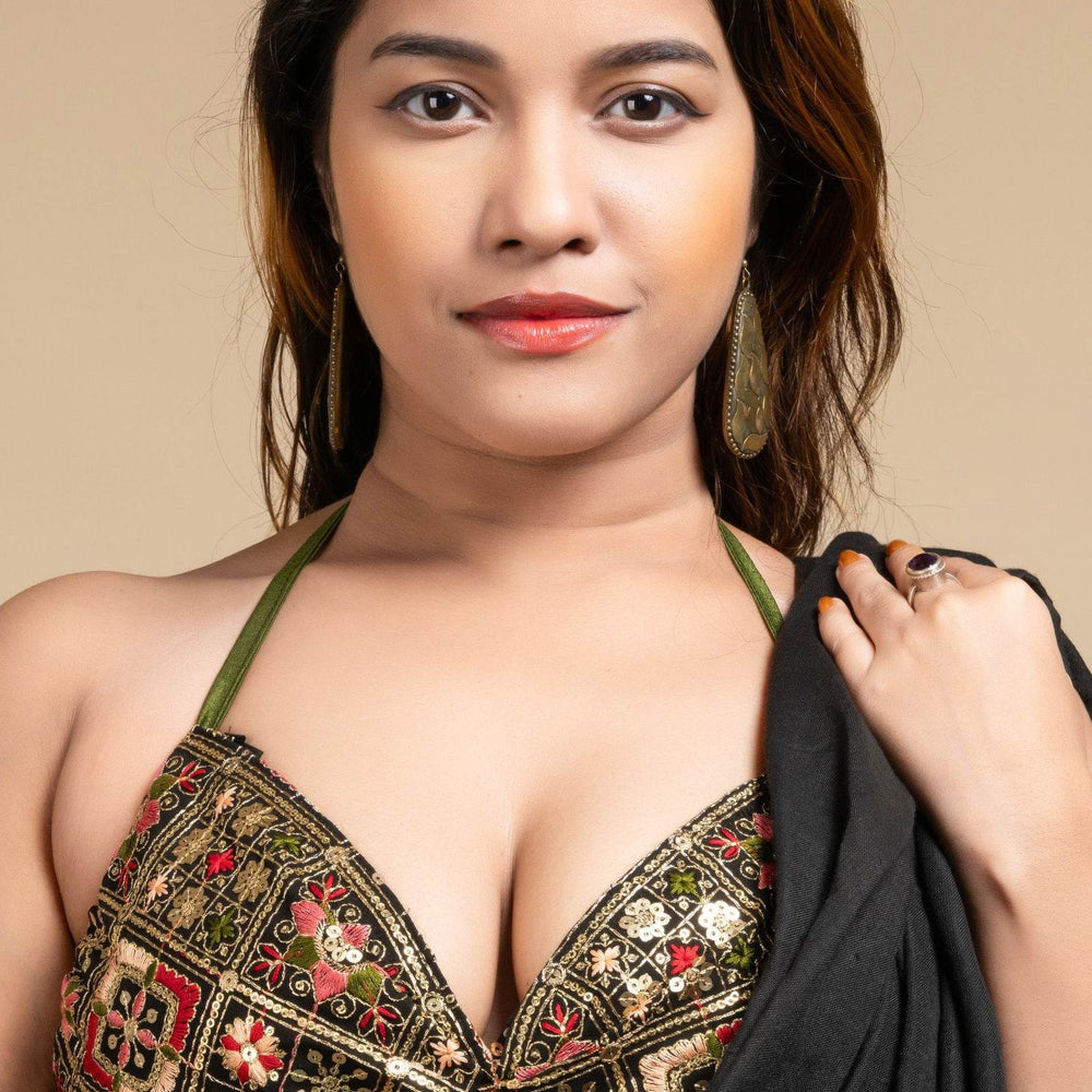 Embroidered Black Backless Halter Neck Non Padded Bikini Blouse For Women - Lookandadorn.com